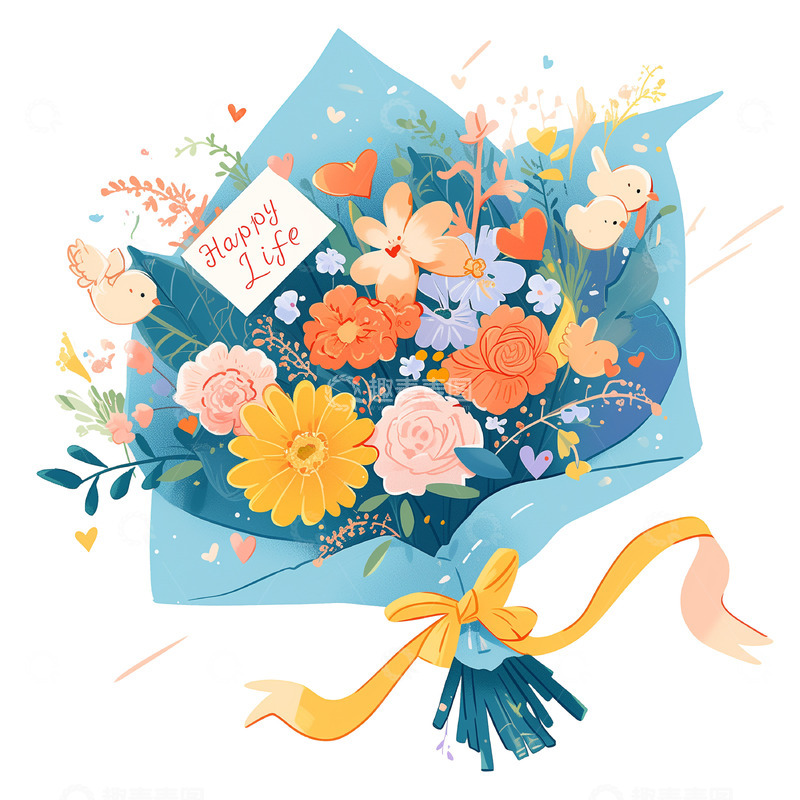 高清大图下载【趣麦麦图】蓝色卡通插画花束