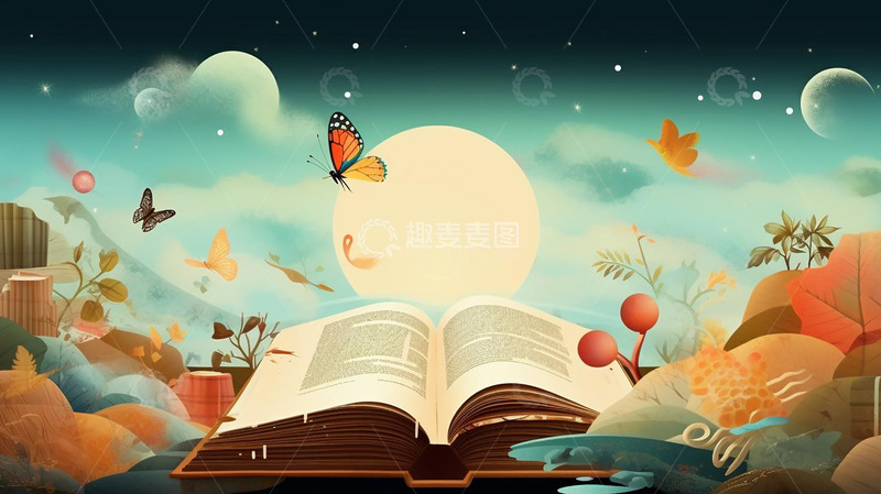 高清大图下载【趣麦麦图】可爱卡通手绘书本蝴蝶蓝色背景