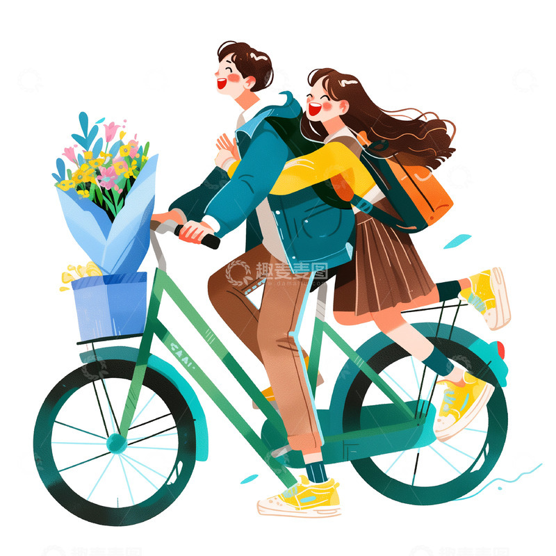 高清大图下载【趣麦麦图】卡通情侣户外郊游骑车素材