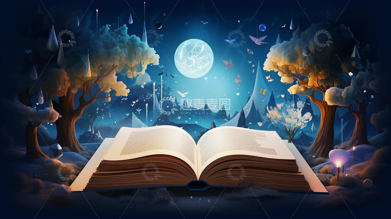 高清大图下载【趣麦麦图】唯美梦幻手绘星空书本插画背景展板