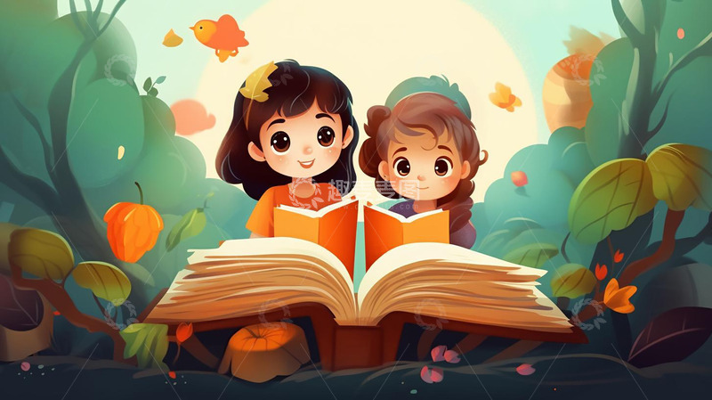 高清大图下载【趣麦麦图】姐妹阅读书本插画