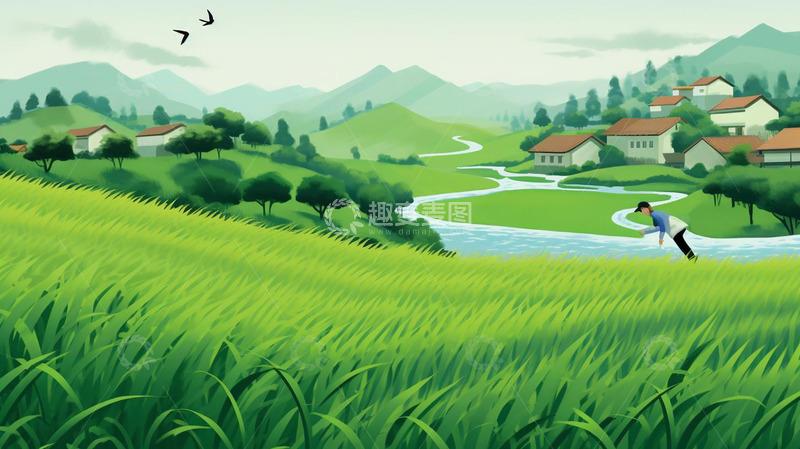 高清大图下载【趣麦麦图】手绘卡通绿色水稻插画背景
