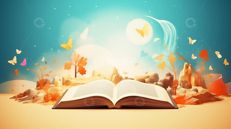 高清大图下载【趣麦麦图】手绘梦幻展开书本蓝色背景