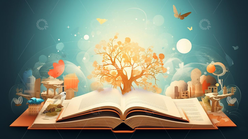 高清大图下载【趣麦麦图】手绘梦幻展开书本植物蓝色背景