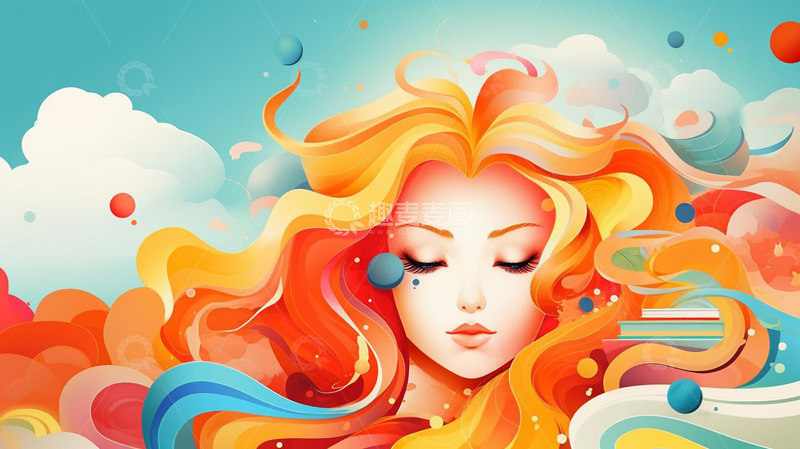 高清大图下载【趣麦麦图】彩色手绘女生插画背景