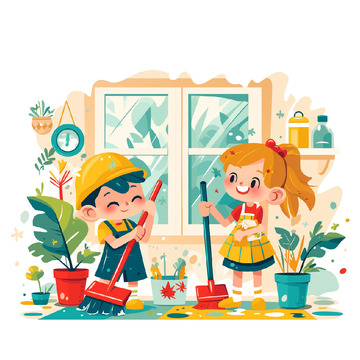 儿童打扫劳动节场景元素