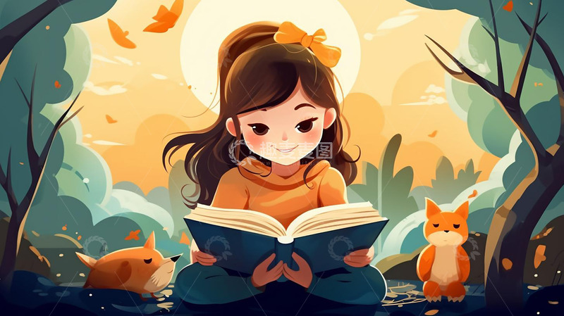 高清大图下载【趣麦麦图】阅读少女人物插画背景