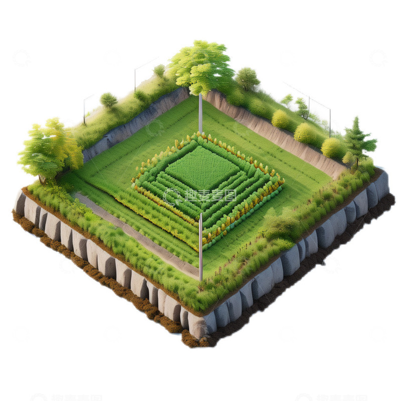 高清大图下载【趣麦麦图】3D立体卡通农田稻田等距视图绿色