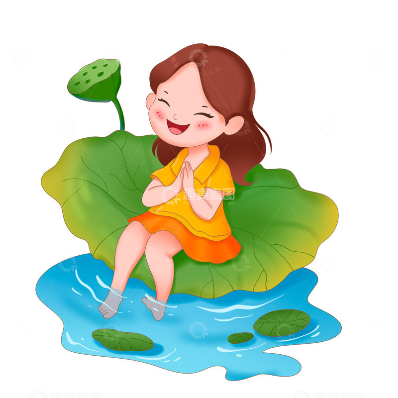 源文件下载【趣麦麦图】夏天女孩坐在荷叶上乘凉