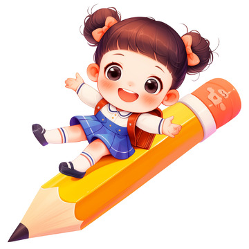 卡通小女孩坐在巨大铅笔上的素材