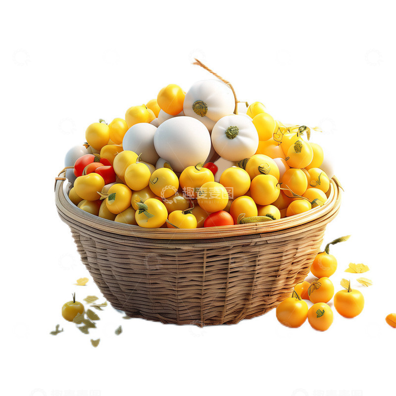 高清大图下载【趣麦麦图】3D立体卡通丰收水果竹筐