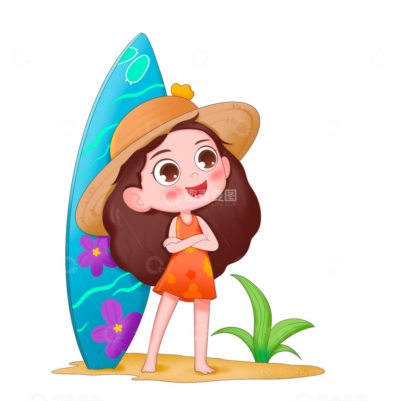 源文件下载【趣麦麦图】卡通可爱小女孩拿着冲浪板在海边免抠元素