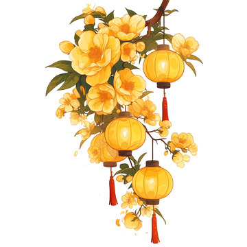 桂花树和灯笼插画素材