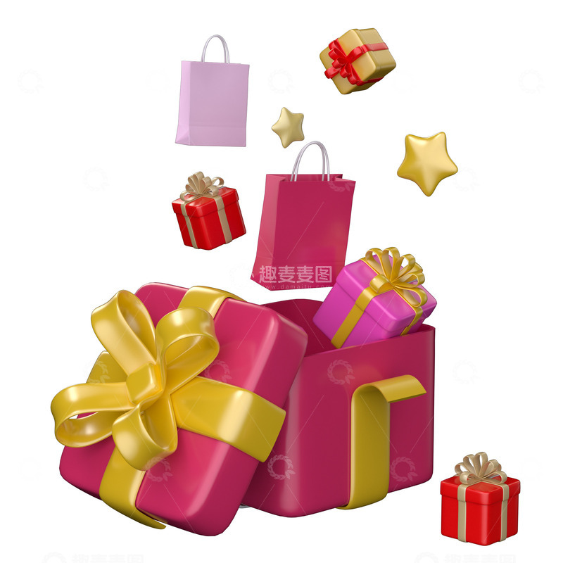 源文件下载【趣麦麦图】3d电商购物礼袋礼盒星星元素组合素材