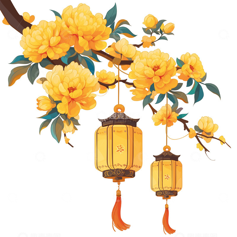 高清大图下载【趣麦麦图】卡通插画风格桂花灯笼素材