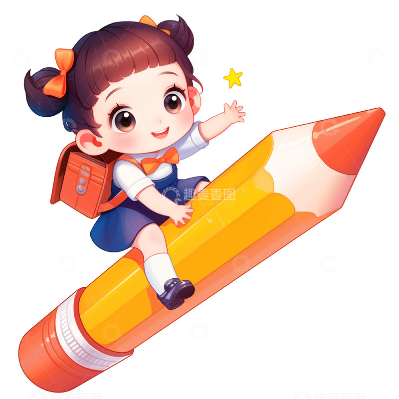 高清大图下载【趣麦麦图】坐在巨大铅笔上的可爱小女孩卡通素材