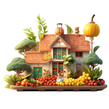 3D立体卡通红砖房屋水果丰收