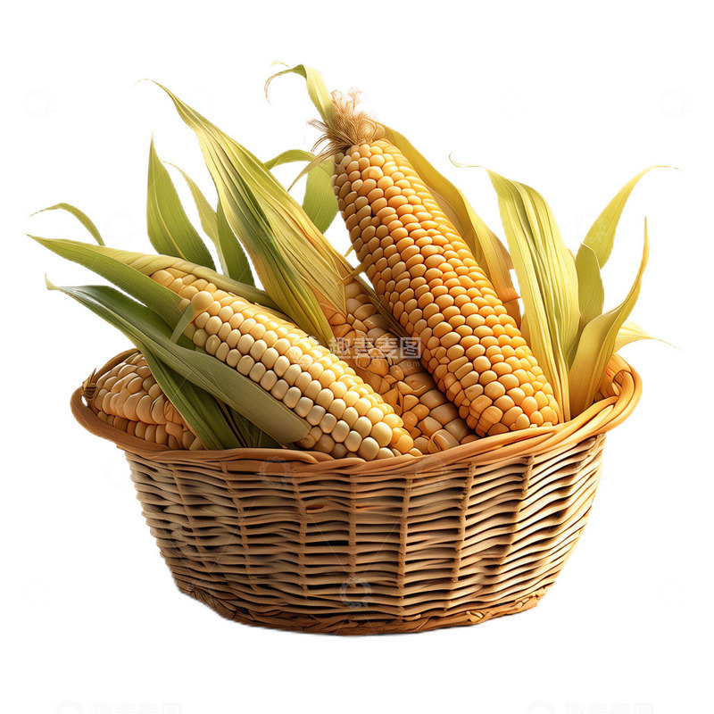 高清大图下载【趣麦麦图】3D立体卡通一筐玉米丰收粮食