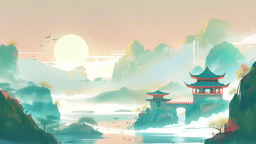 阁楼青山流水水墨山水古风背景