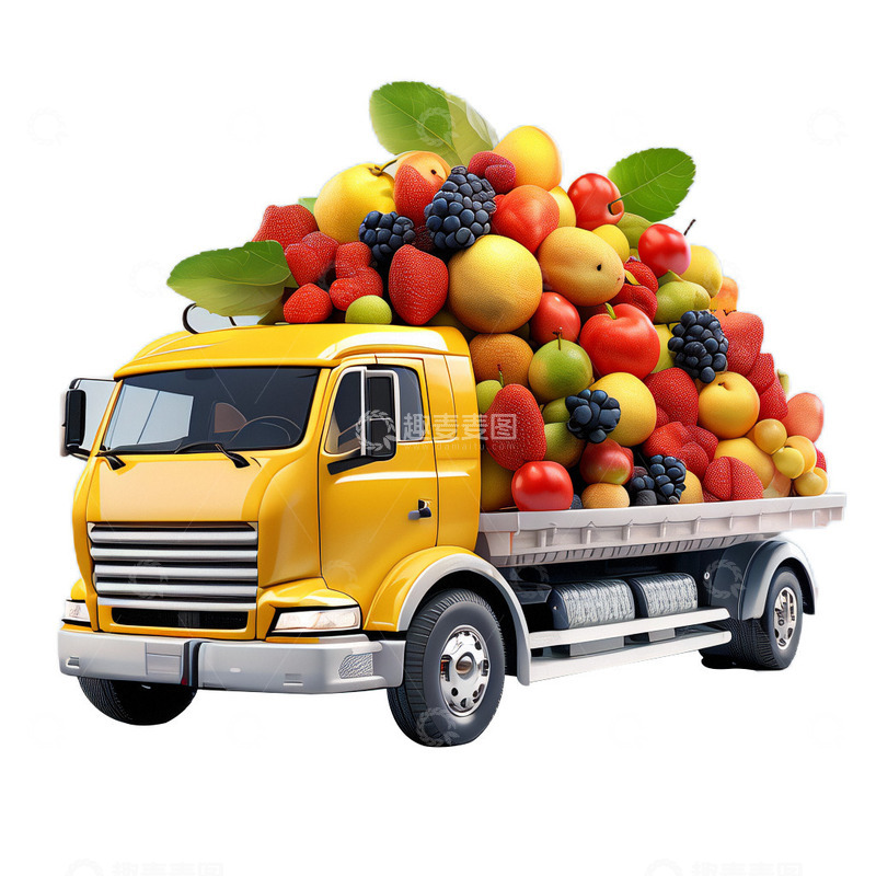 高清大图下载【趣麦麦图】3D立体卡通丰收卡车装满水果运输