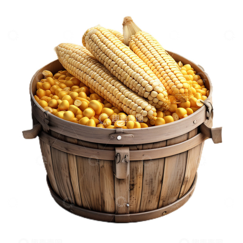 高清大图下载【趣麦麦图】3D立体卡通木筐玉米粮食丰收