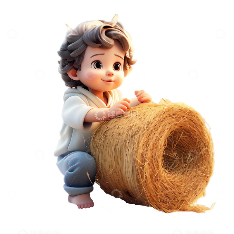 高清大图下载【趣麦麦图】3D立体卡通卷稻草的小孩