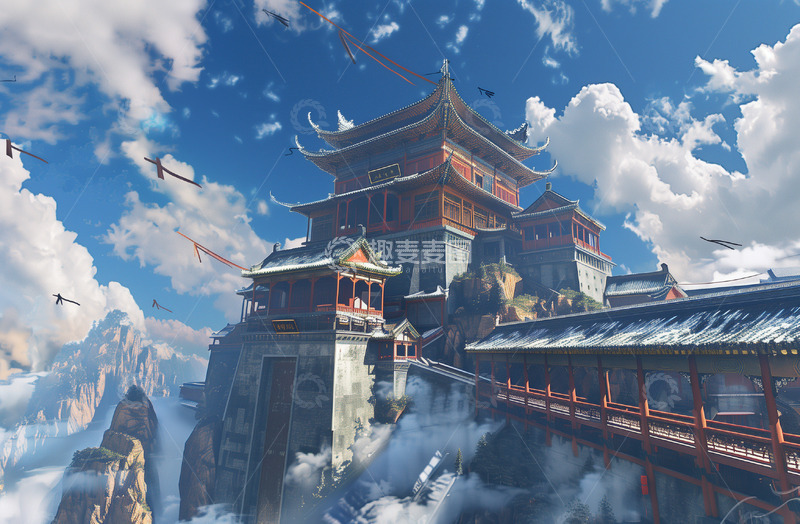 高清大图下载【趣麦麦图】古风建筑屋檐阁楼山脉