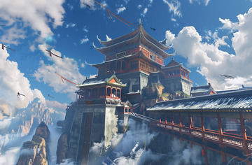 古风建筑屋檐阁楼山脉