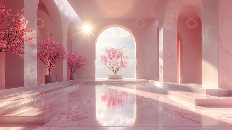 高清大图下载【趣麦麦图】粉色樱花拱门大理石背景