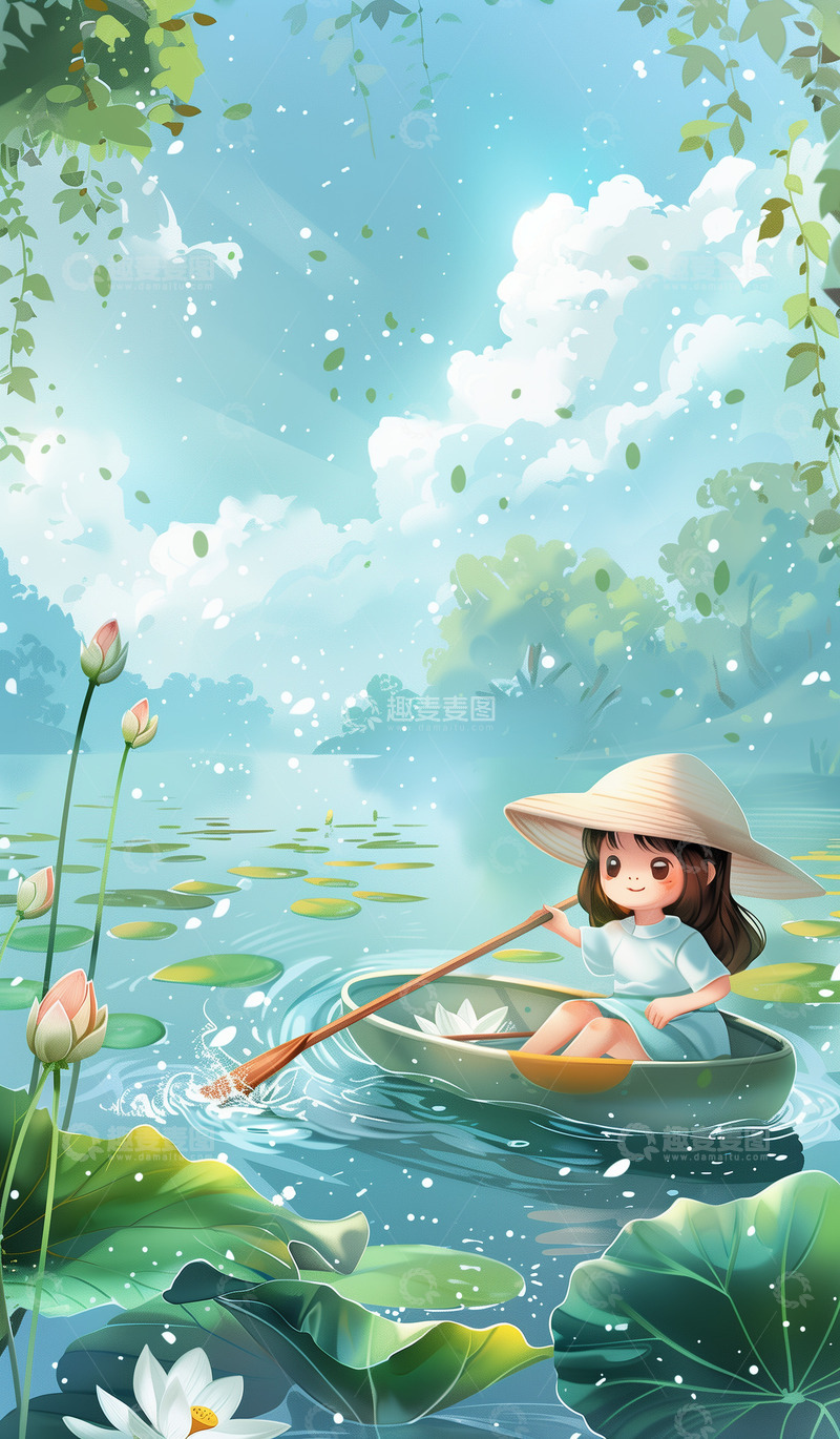 高清大图下载【趣麦麦图】荷花池塘女孩划船背景