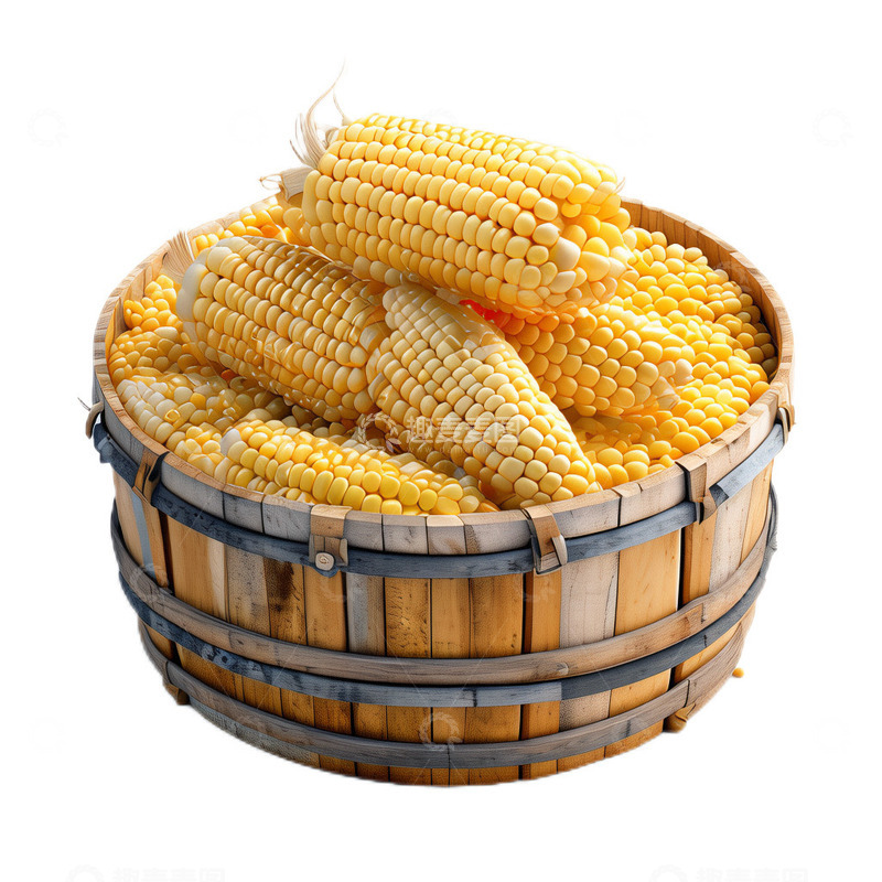 高清大图下载【趣麦麦图】3D立体卡通木筐玉米粮食
