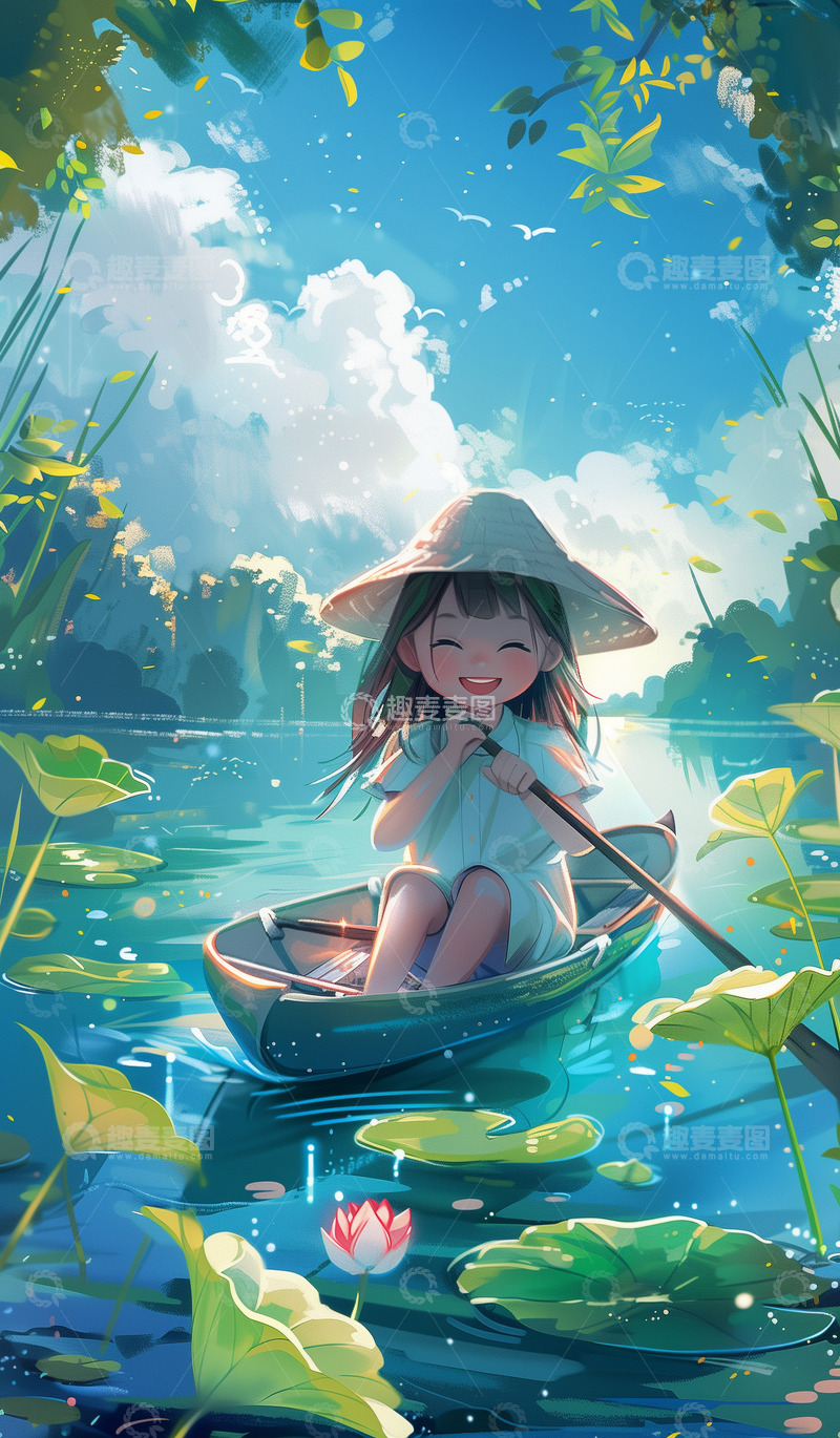 高清大图下载【趣麦麦图】江南划船荷花小女孩背景