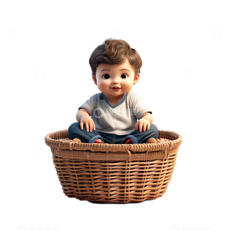 高清大图下载【趣麦麦图】3D立体卡通坐在筐里的小孩