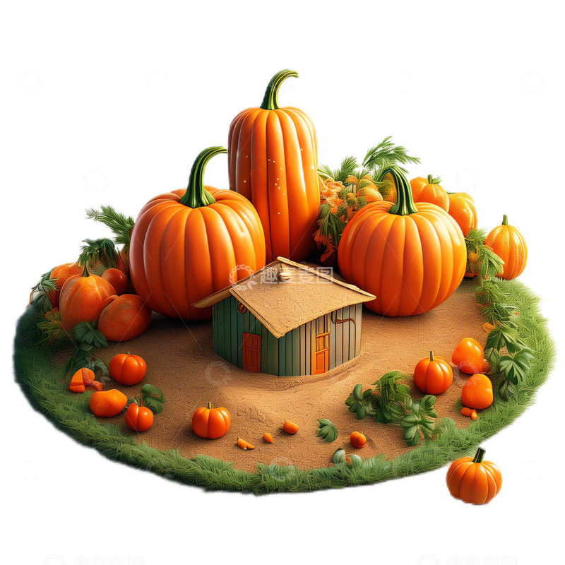 高清大图下载【趣麦麦图】3D立体卡通丰收谷仓南瓜场景童话