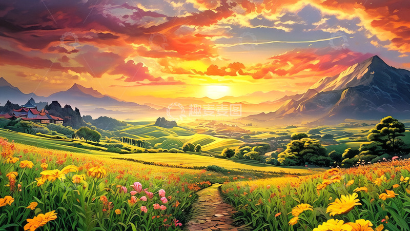 高清大图下载【趣麦麦图】落日余晖落日黄昏插画