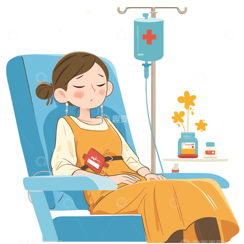 高清大图下载【趣麦麦图】正在输液的卡通女孩形象