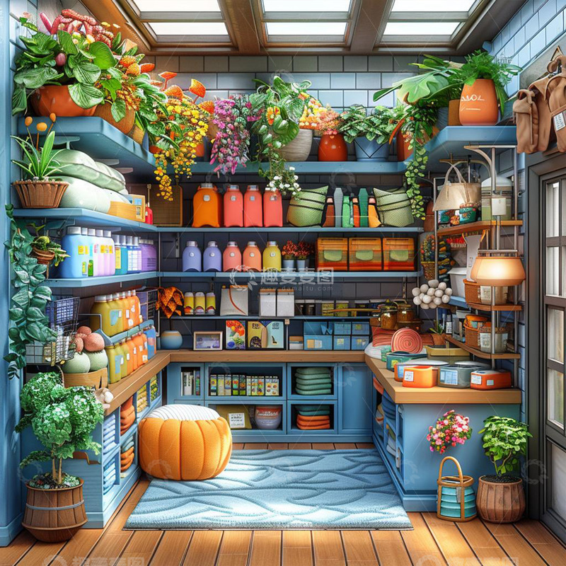 高清大图下载【趣麦麦图】卡通杂货店花圃展示图
