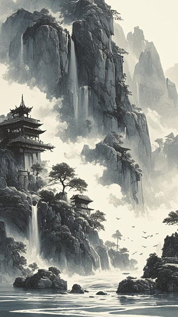 高山阁楼黑白水墨画