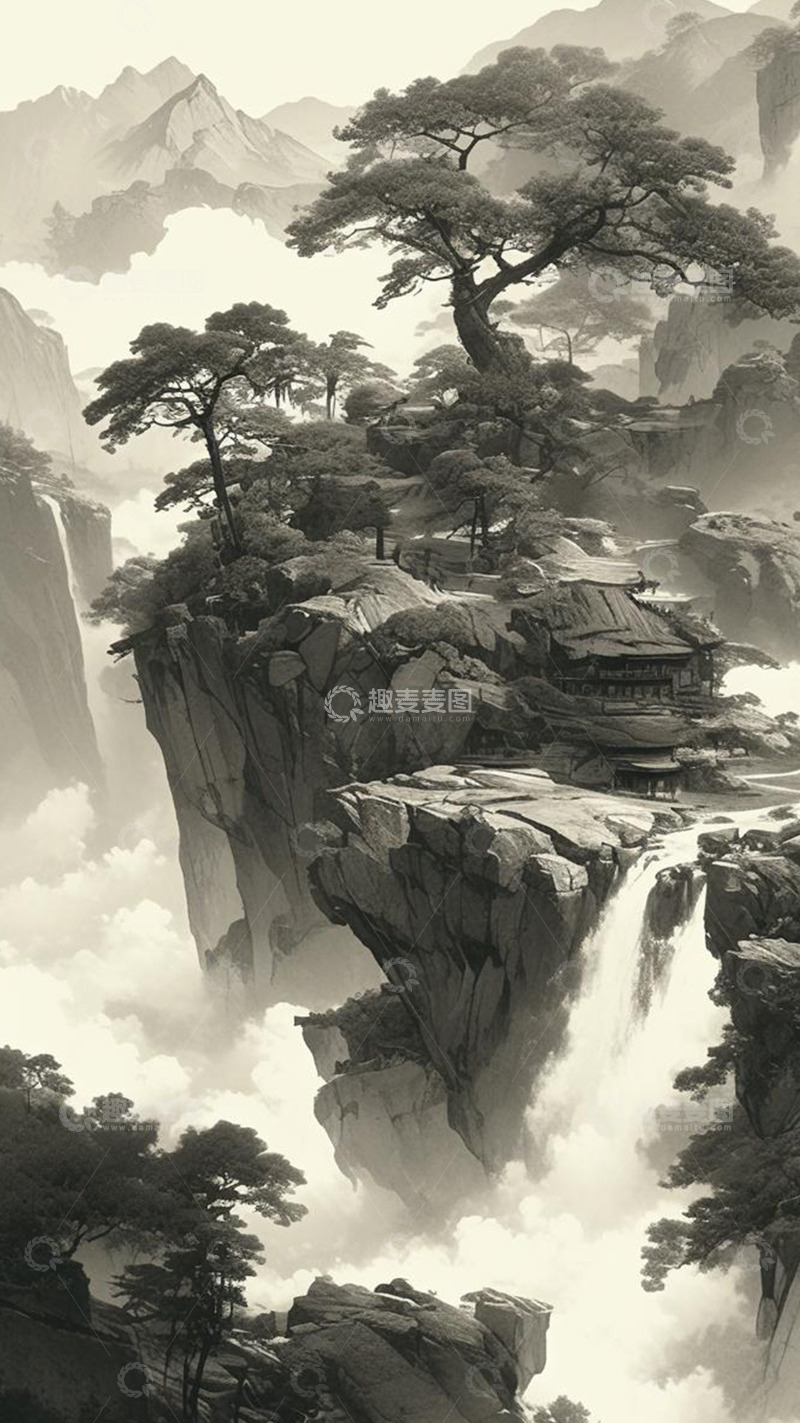 高清大图下载【趣麦麦图】古风山水黑白水墨画