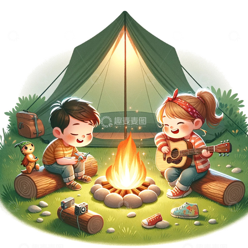假期旅游露营卡通插画风格