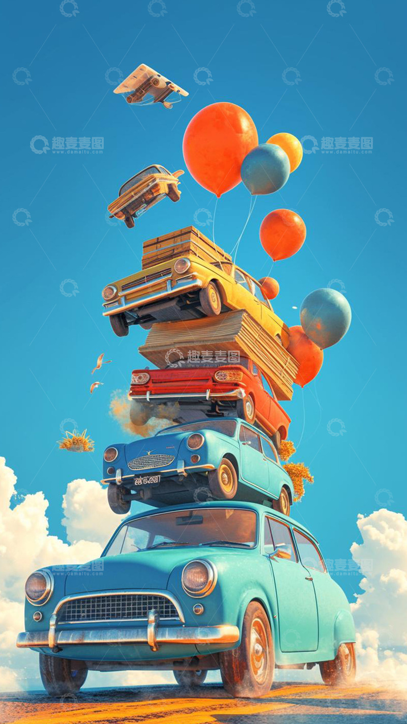 高清大图下载【趣麦麦图】夸张自驾游踏青车辆创意海报背景