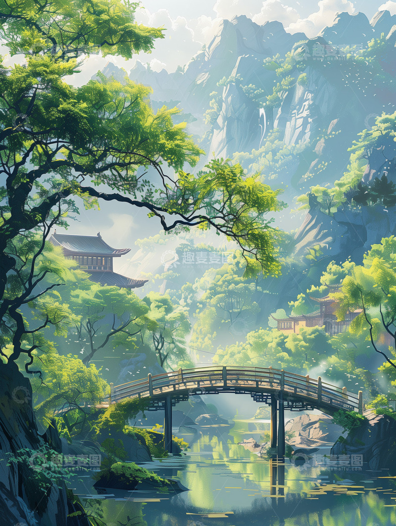 高清大图下载【趣麦麦图】国风山水建筑拱桥插画背景