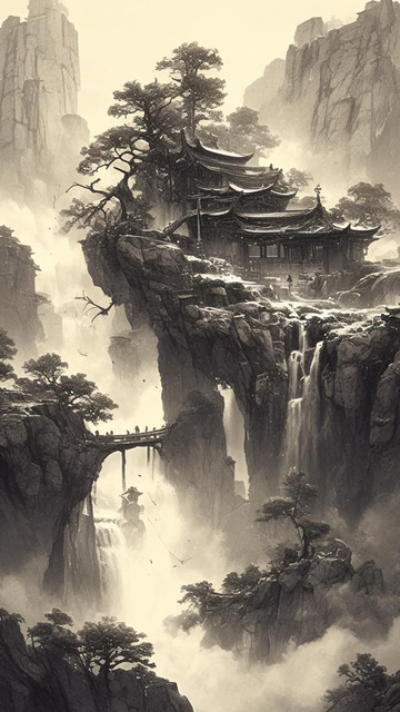 高山阁楼索桥黑白水墨画
