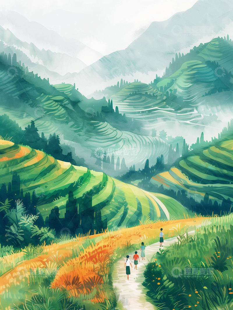 高清大图下载【趣麦麦图】春天梯田插画背景