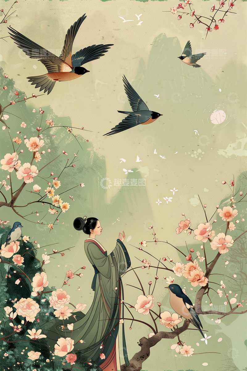 古风女子桃花燕子插画背景