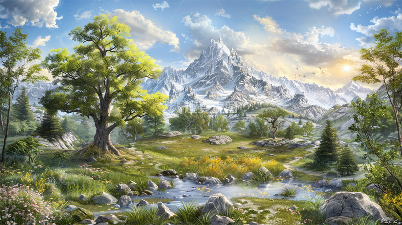 高清大图下载【趣麦麦图】雪山山峰小溪大树草地唯美场景