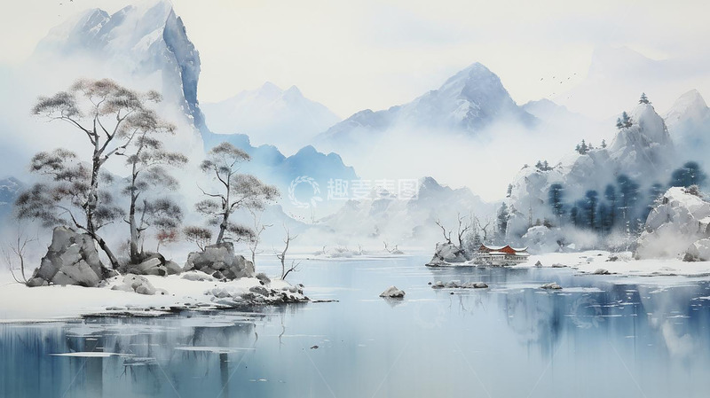 高清大图下载【趣麦麦图】-中国风手绘意境山水画插画背景