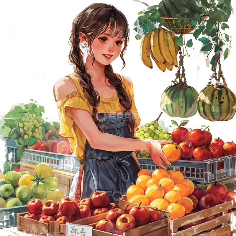 高清大图下载【趣麦麦图】女人推销水果卡通插画