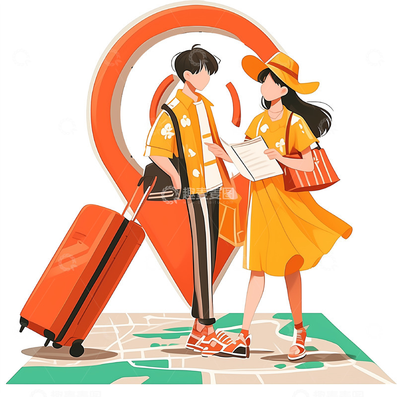 高清大图下载【趣麦麦图】卡通插画风格出行地图人物素材