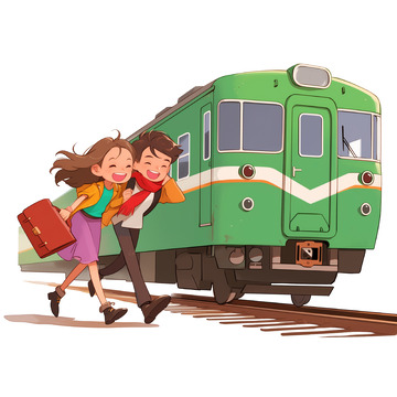 外出度假赶火车卡通人物素材